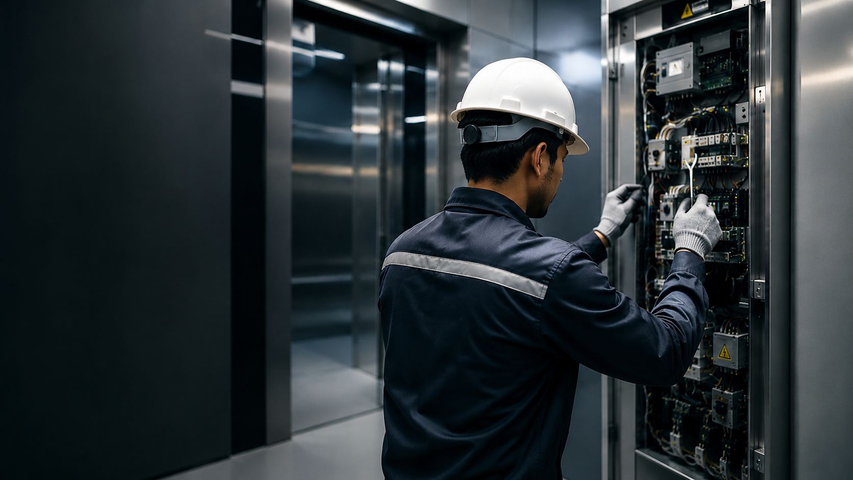 Lift technician servicing an elevator control panel